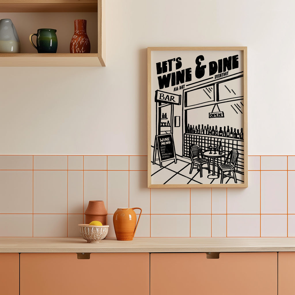 Wine Print | Let's Wine & Dine | Kitchen Wall Art | Retro Mid Century Restaurant Poster