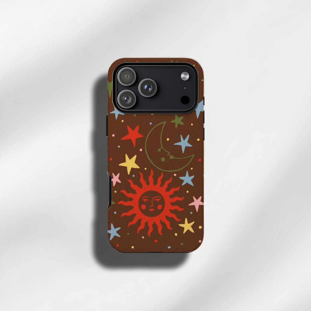 Brown and Multi celestial sun moon and star tough phone cases for iPhone and Samsung