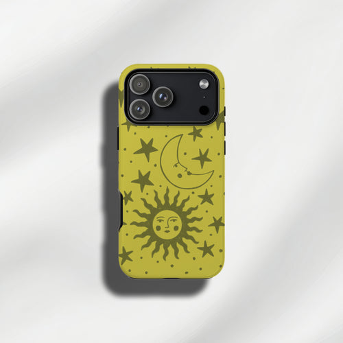 Lime Green and Khaki celestial sun moon and star tough phone cases for iPhone and Samsung