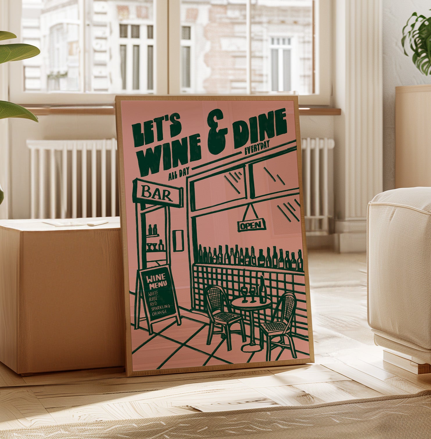 Wine Print | Let's Wine & Dine | Kitchen Wall Art | Retro Mid Century Restaurant Poster