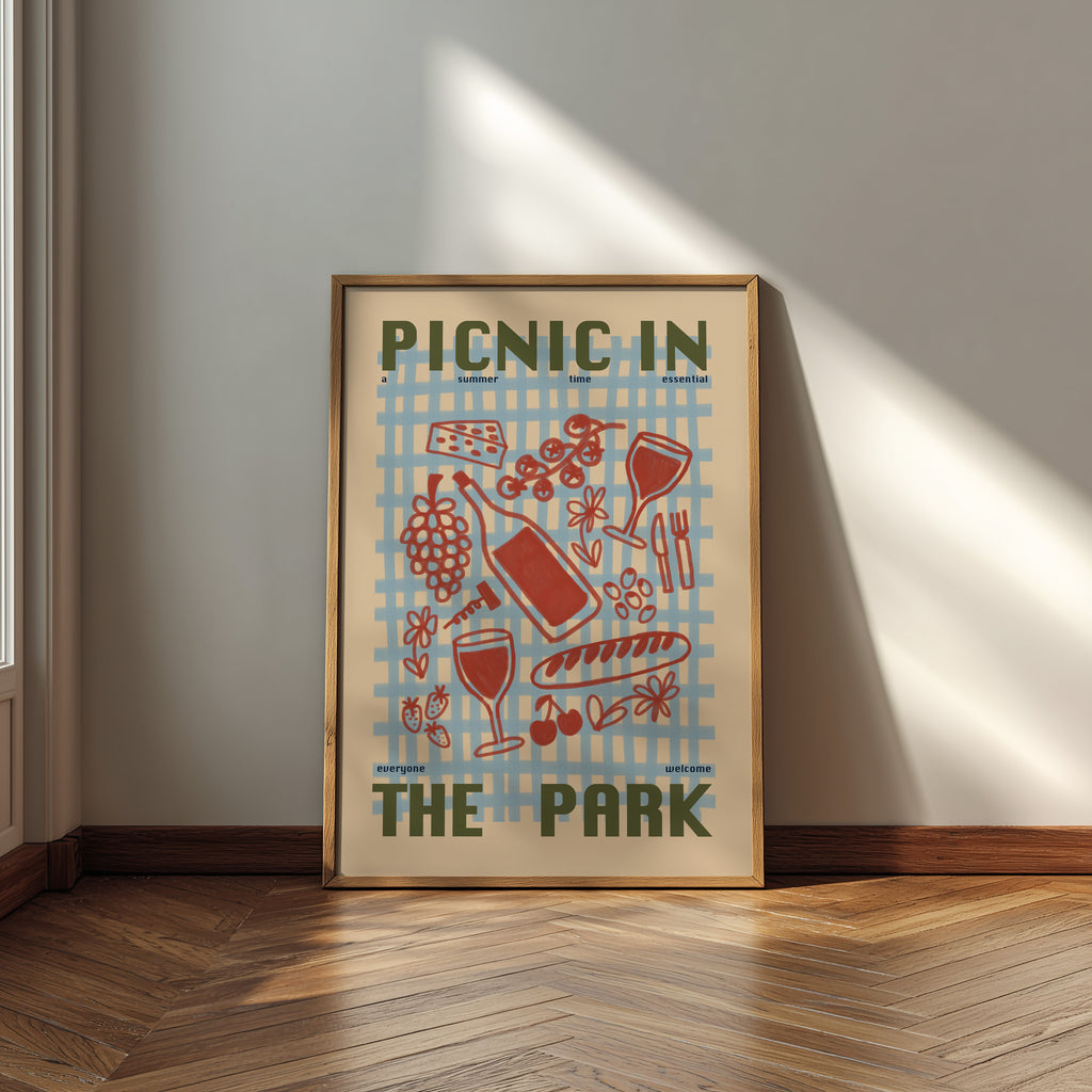 Picnic Print | Picnic In The Park | Kitchen Wall Art | Retro Mid Century Summer Poster