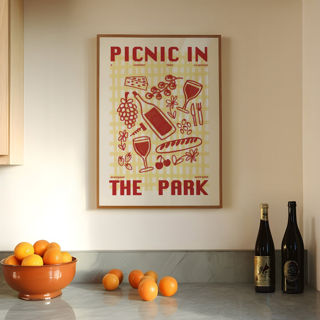 Picnic Print | Picnic In The Park | Kitchen Wall Art | Retro Mid Century Summer Poster