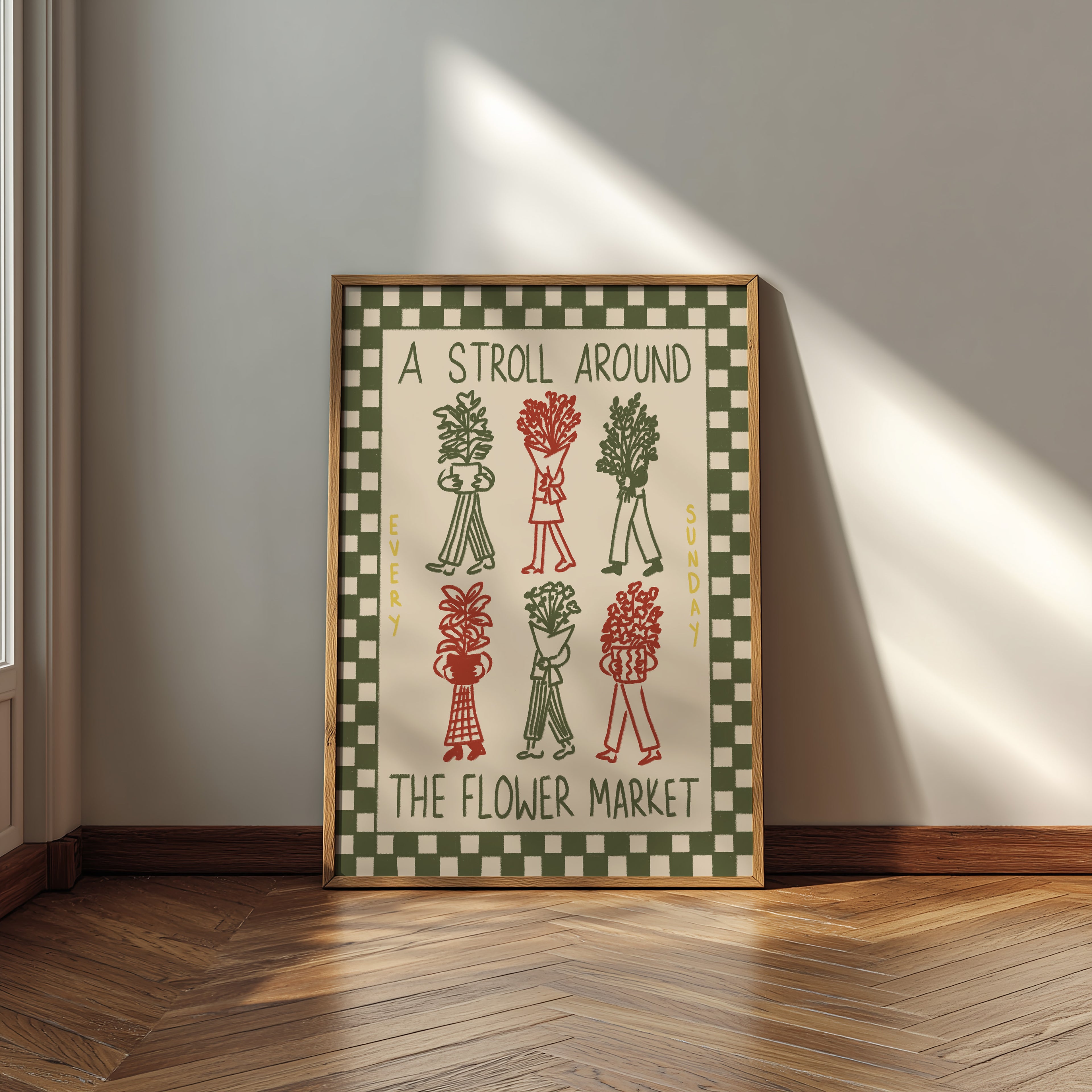Flower Market Print | A Stroll Around The Flower Market | Botanical Wall Art | Retro Mid Century Poster