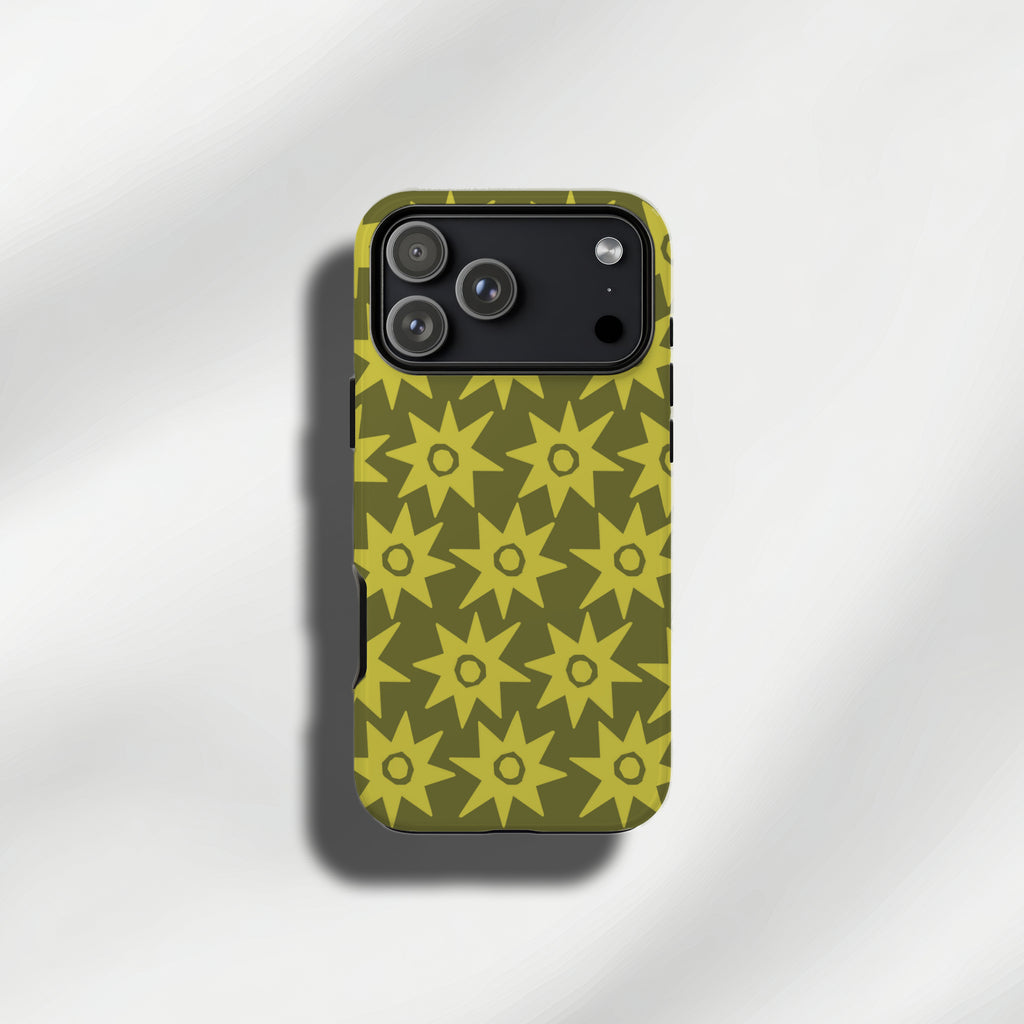 Lime Green & Khaki retro starburst tough phone cases for iPhone and Samsung