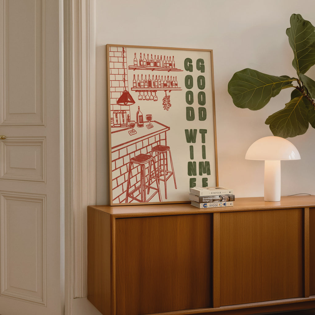 Wine Print | Good Wine Good Time | Kitchen Wall Art | Retro Mid Century Wine Poster
