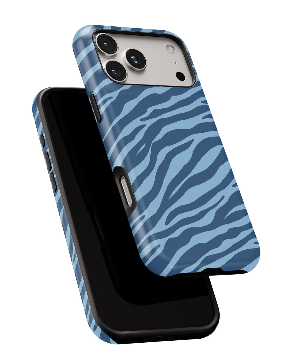 Blue zebra print tough phone case for iPhone and Samsung