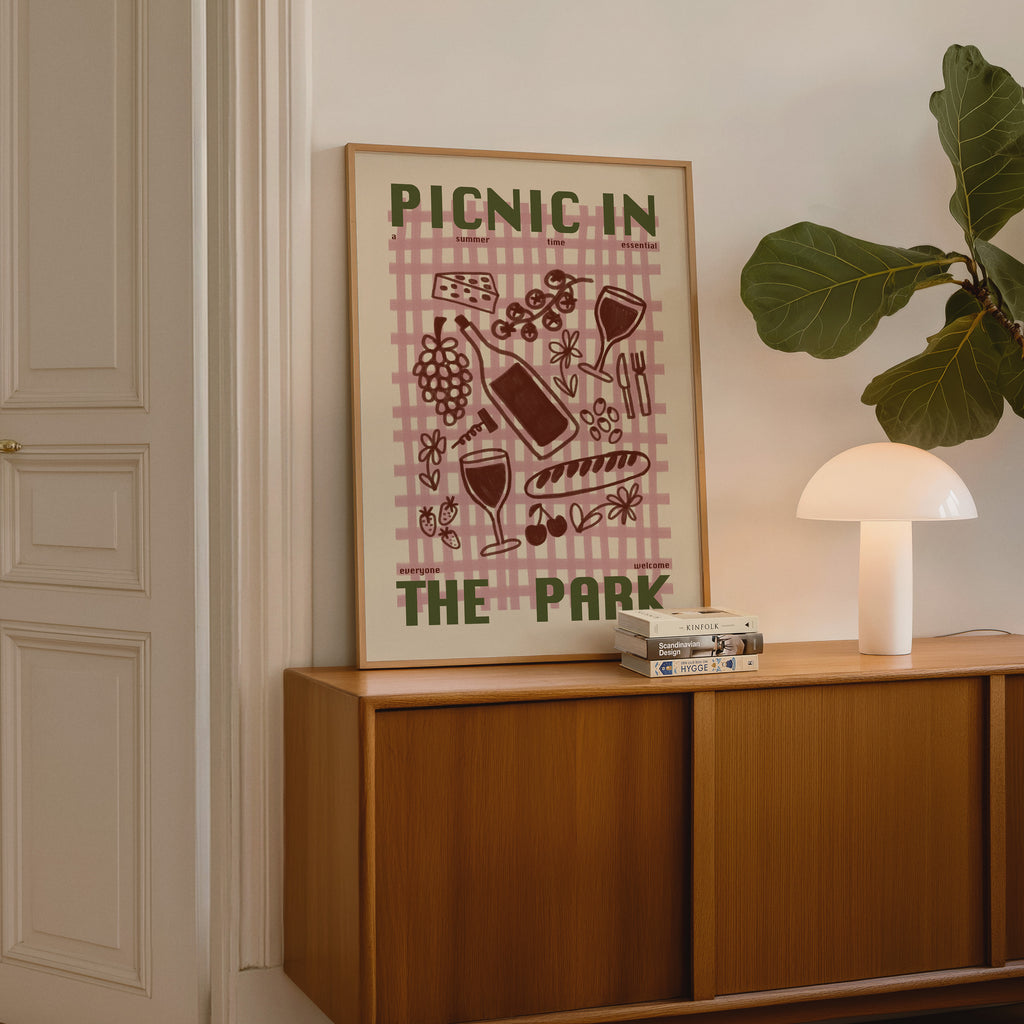 Picnic Print | Picnic In The Park | Kitchen Wall Art | Retro Mid Century Summer Poster