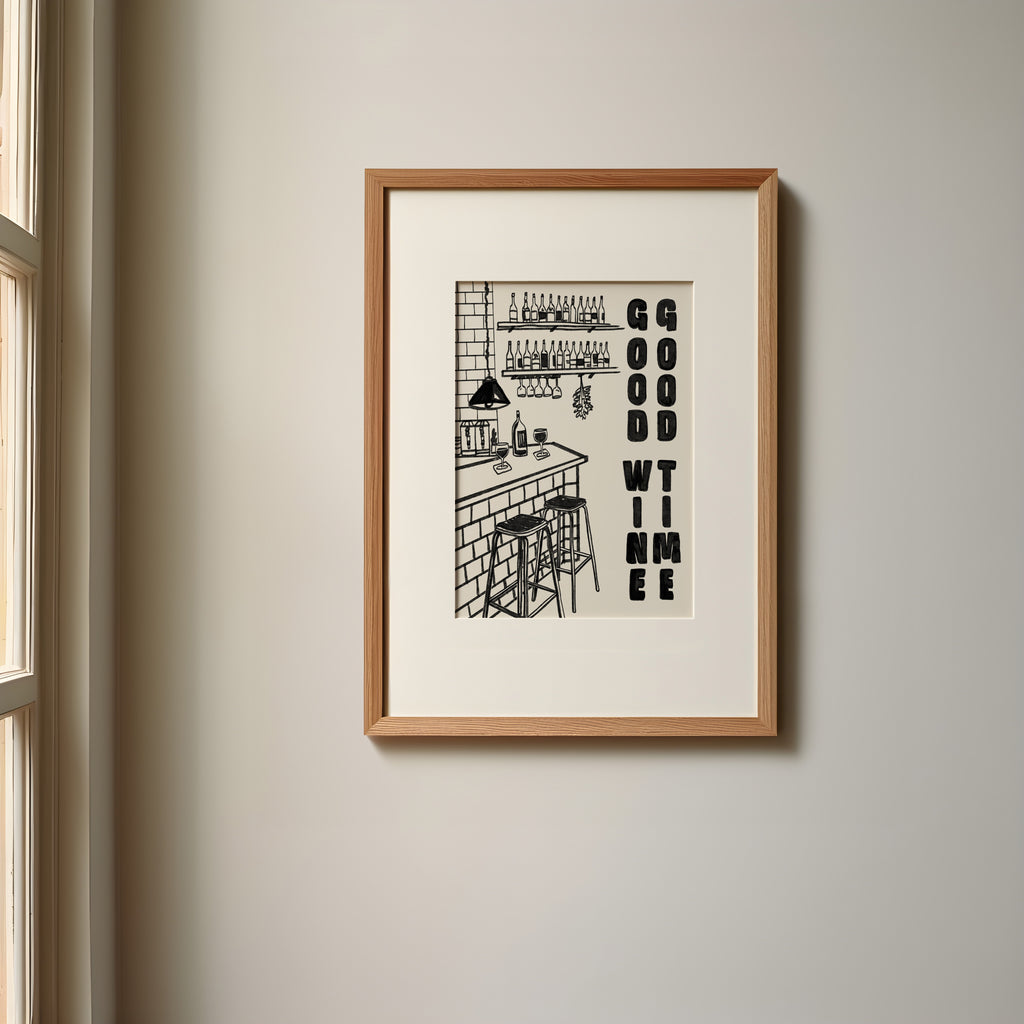 Wine Print | Good Wine Good Time | Kitchen Wall Art | Retro Mid Century Wine Poster