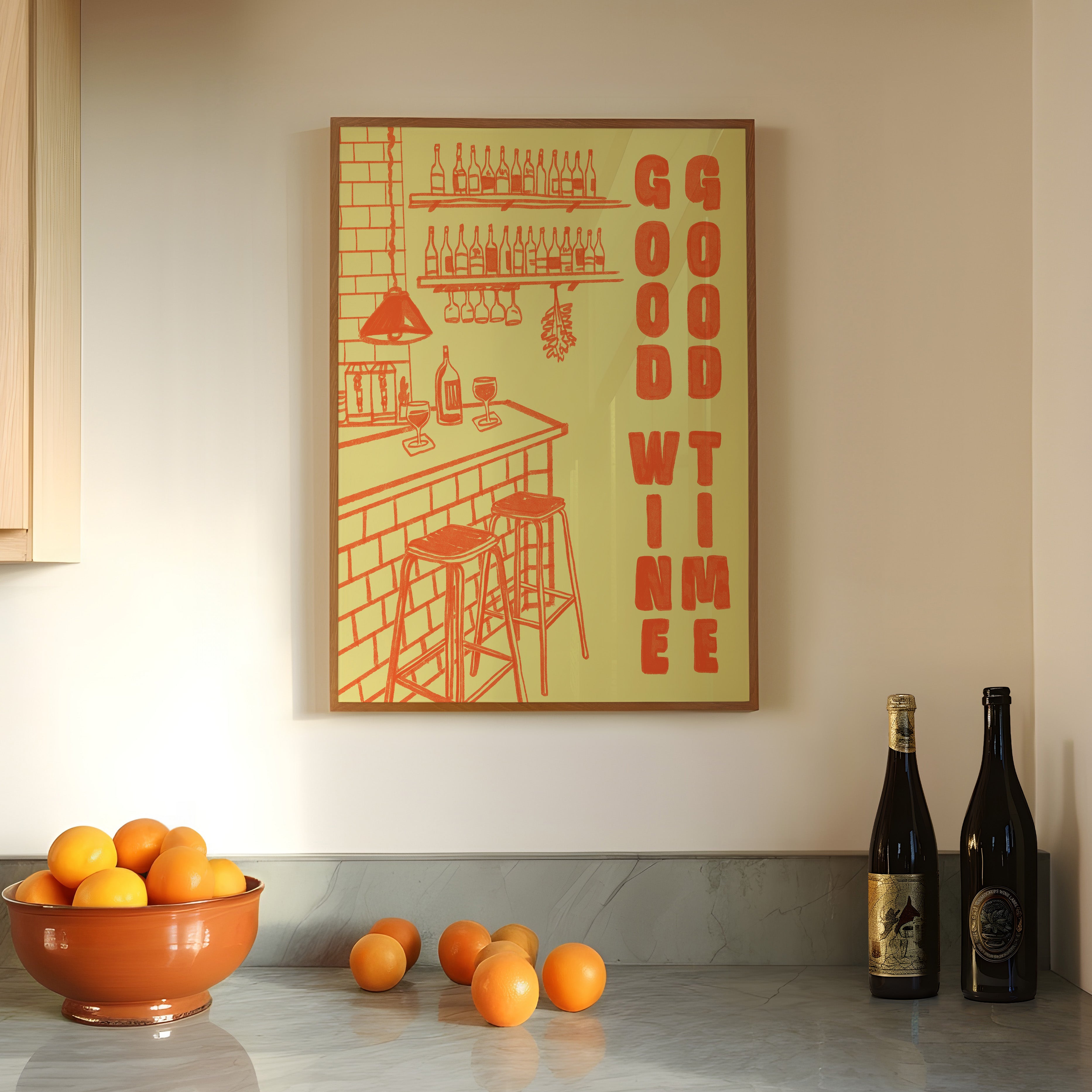 Wine Print | Good Wine Good Time | Kitchen Wall Art | Retro Mid Century Wine Poster