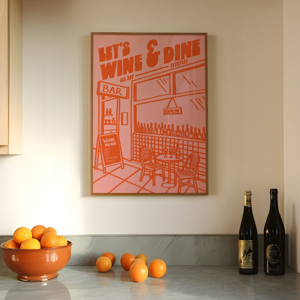 Wine Print | Let's Wine & Dine | Kitchen Wall Art | Retro Mid Century Restaurant Poster