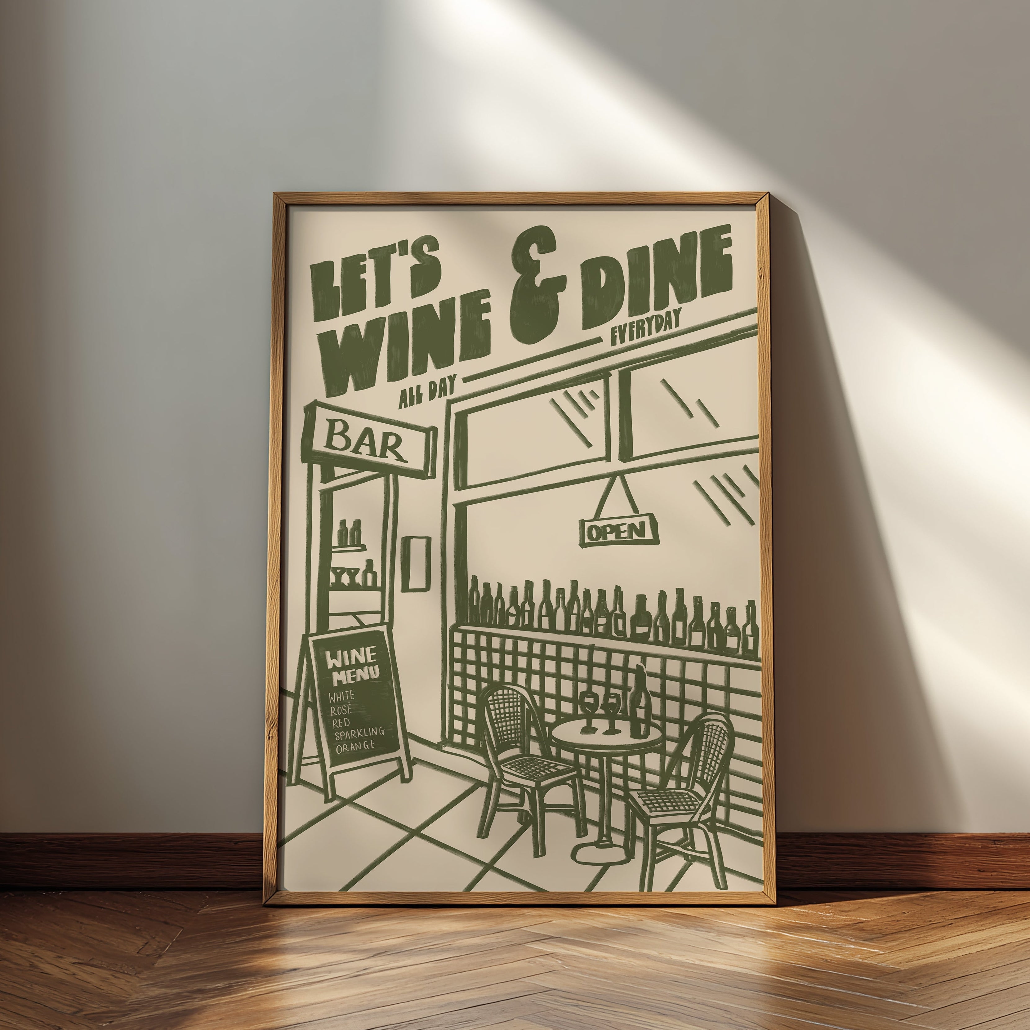 Wine Print | Let's Wine & Dine | Kitchen Wall Art | Retro Mid Century Restaurant Poster