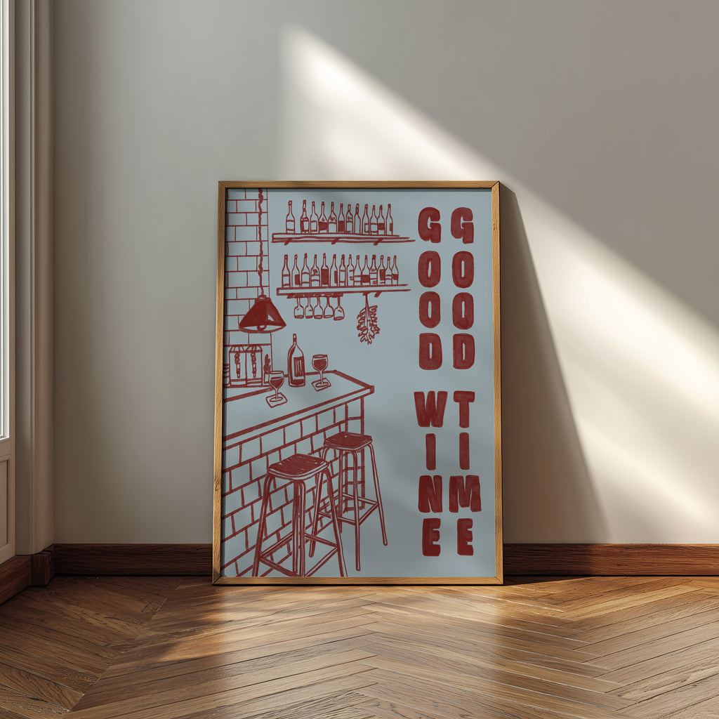 Wine Print | Good Wine Good Time | Kitchen Wall Art | Retro Mid Century Wine Poster