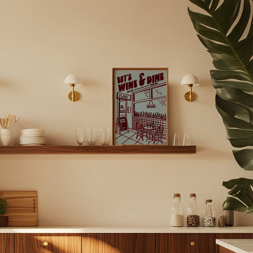 Wine Print | Let's Wine & Dine | Kitchen Wall Art | Retro Mid Century Restaurant Poster