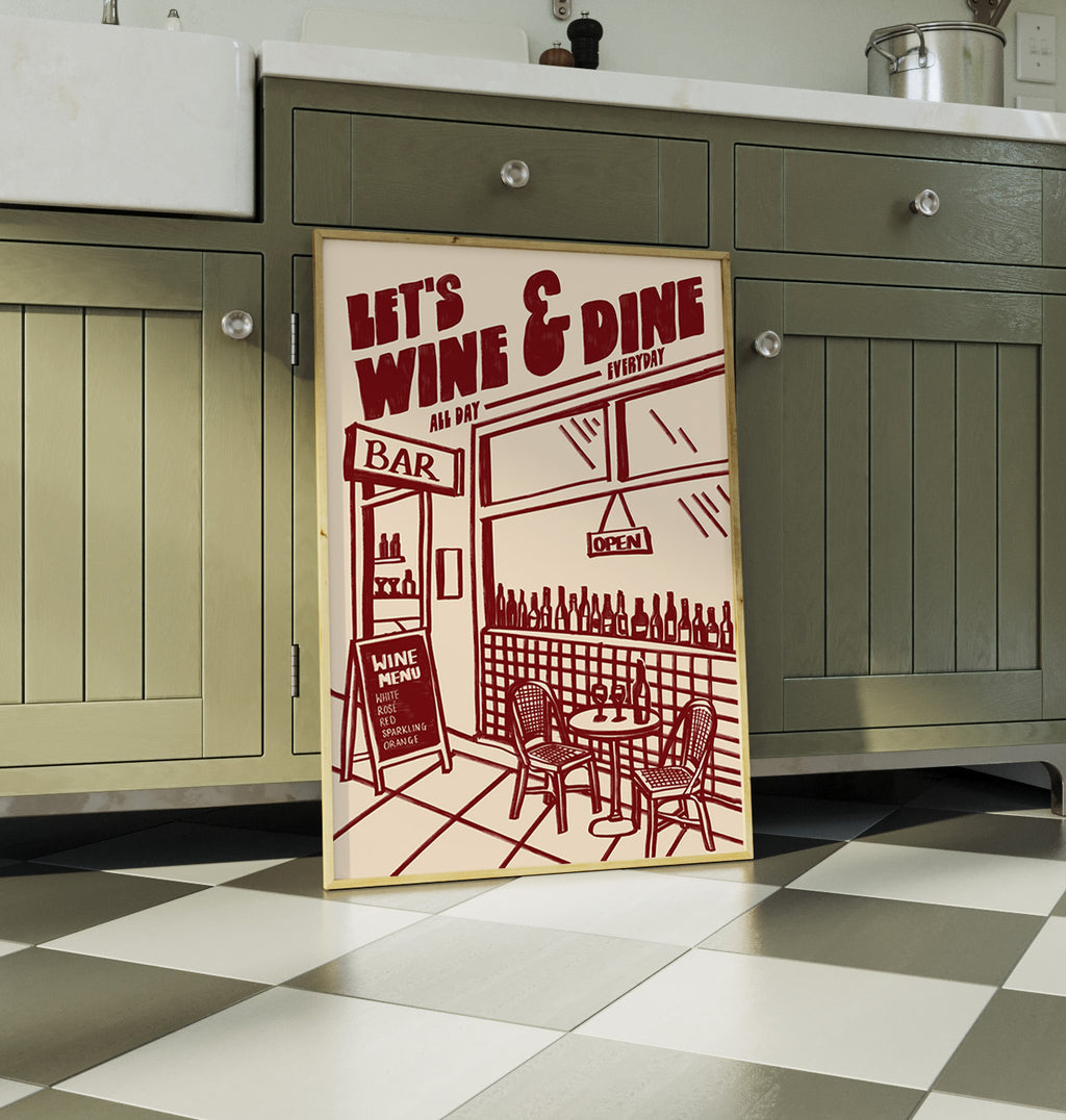 Wine Print | Let's Wine & Dine | Kitchen Wall Art | Retro Mid Century Restaurant Poster