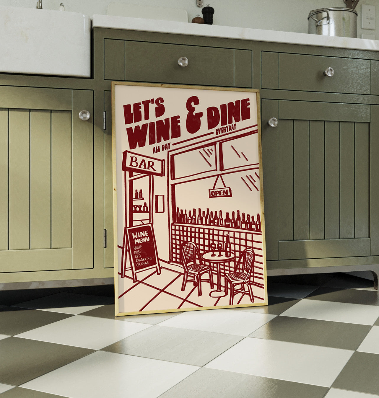 Wine Print | Let's Wine & Dine | Kitchen Wall Art | Retro Mid Century Restaurant Poster