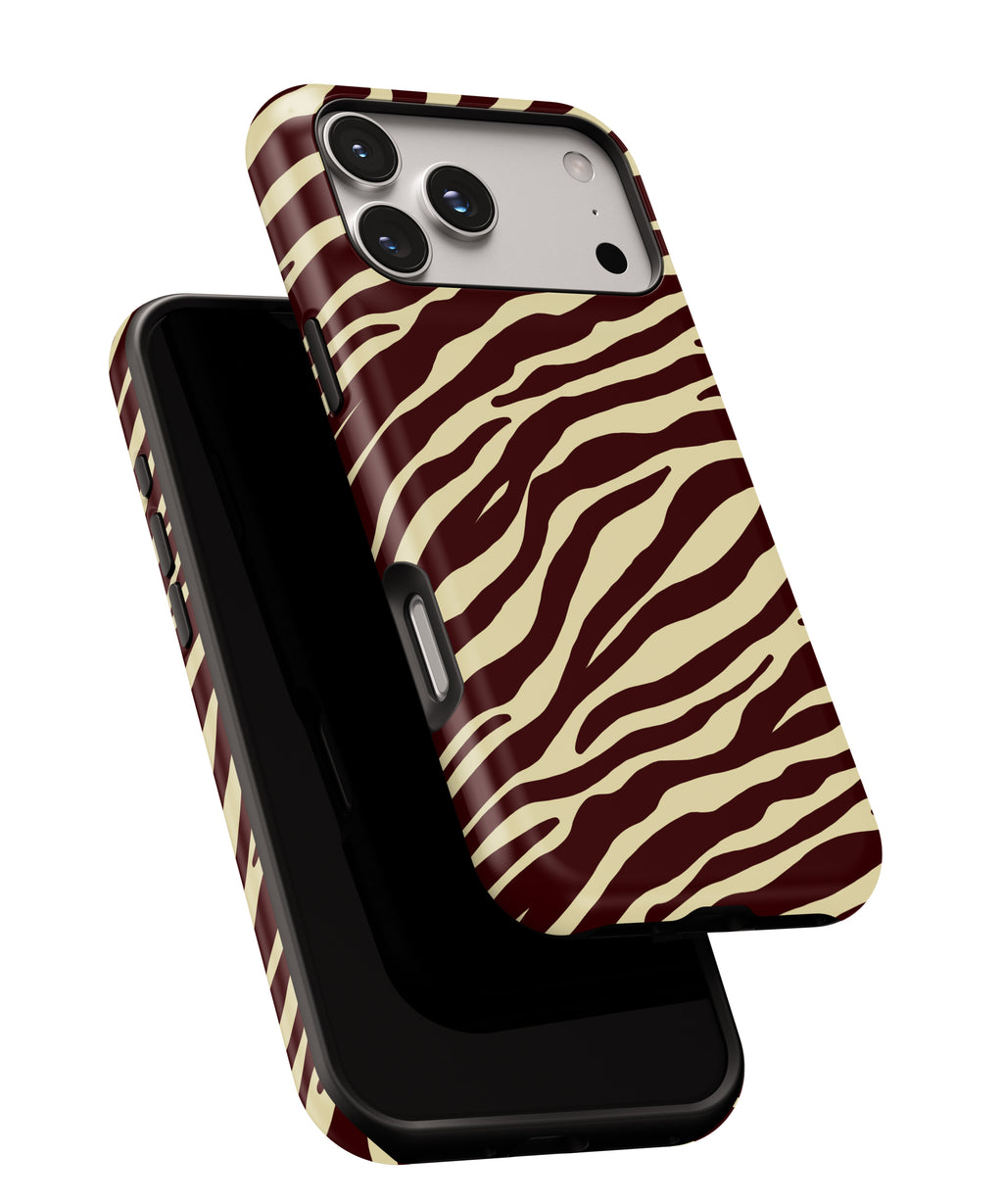 Burgundy and cream zebra print tough phone case for iPhone and Samsung