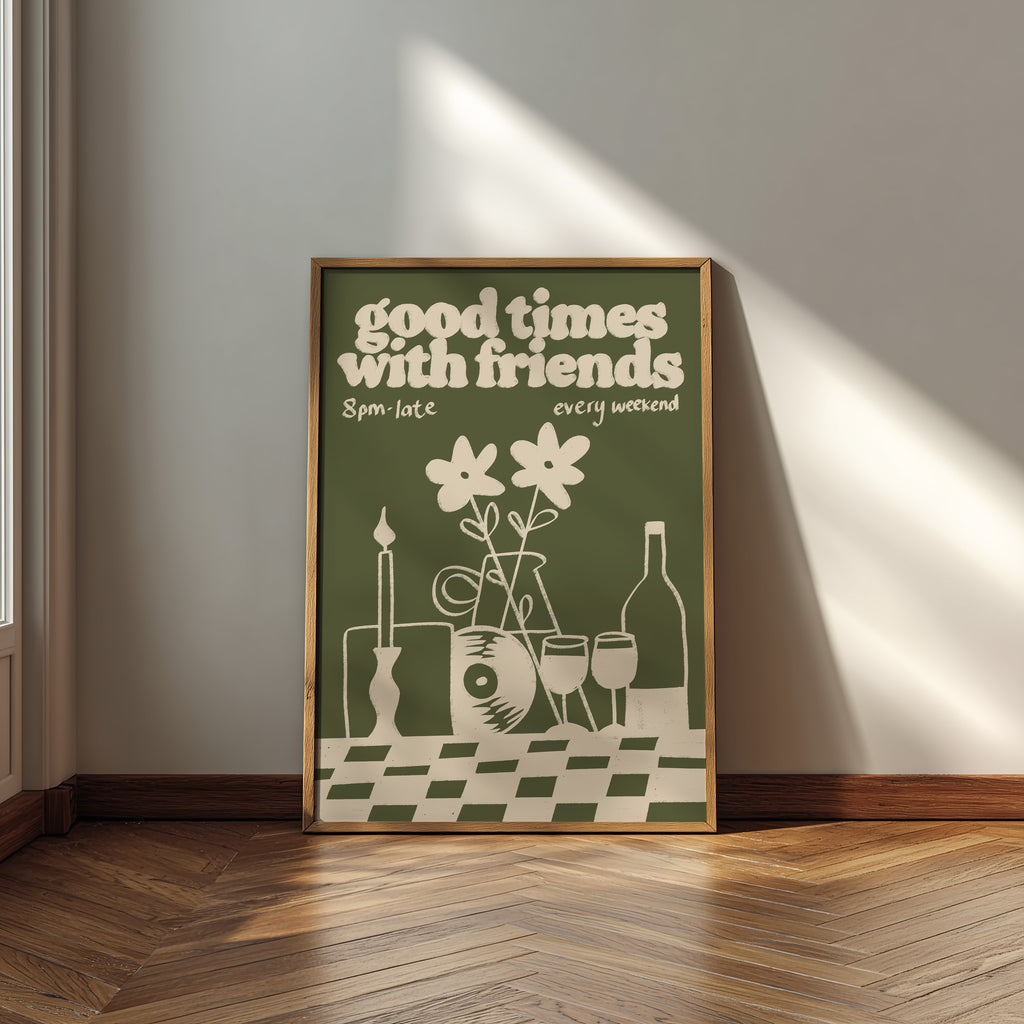 Music Print | Good Times With Friends | Retro Mid Century Wall Art | Wine & Vinyl Poster