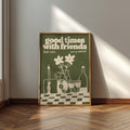 Music Print | Good Times With Friends | Retro Mid Century Wall Art | Wine & Vinyl Poster