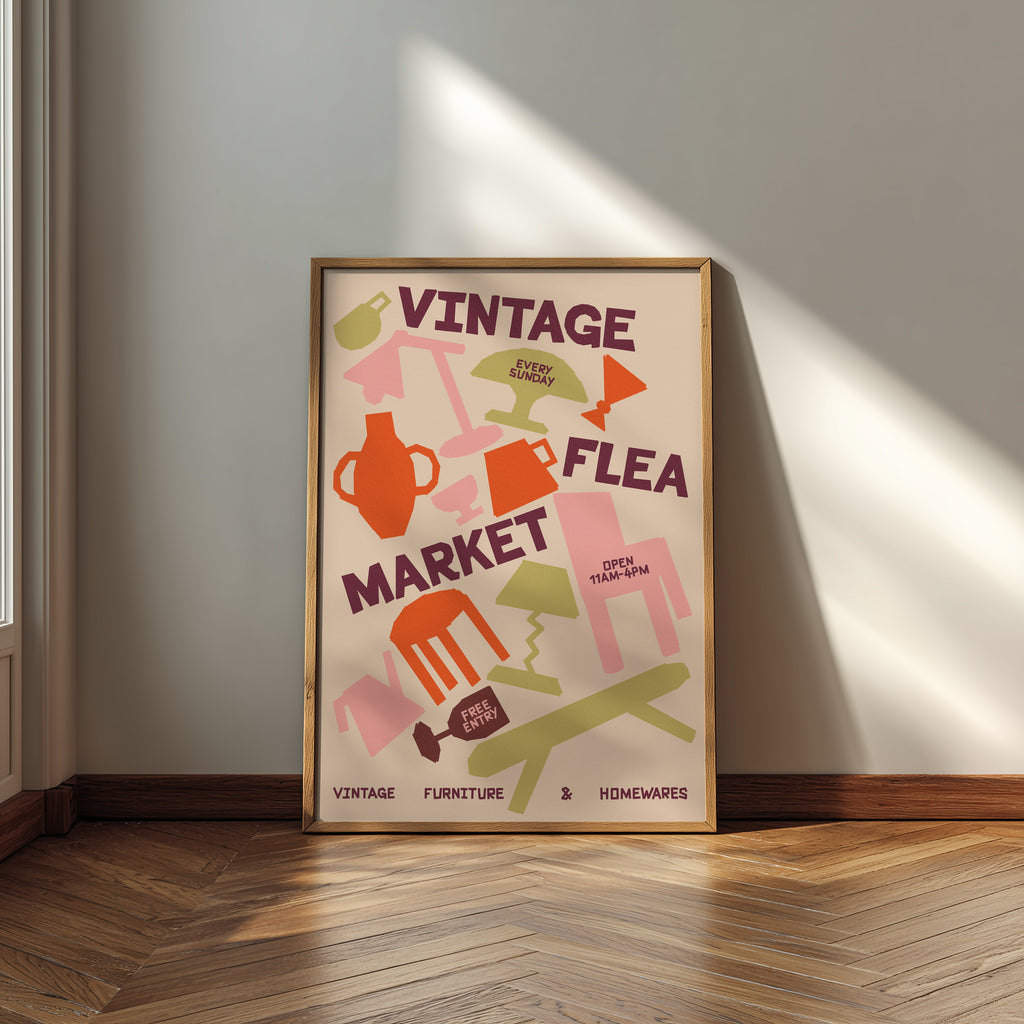 Vintage Flea Market Print | Retro Mid Century Wall Art | Vintage Furniture & Homewares Poster