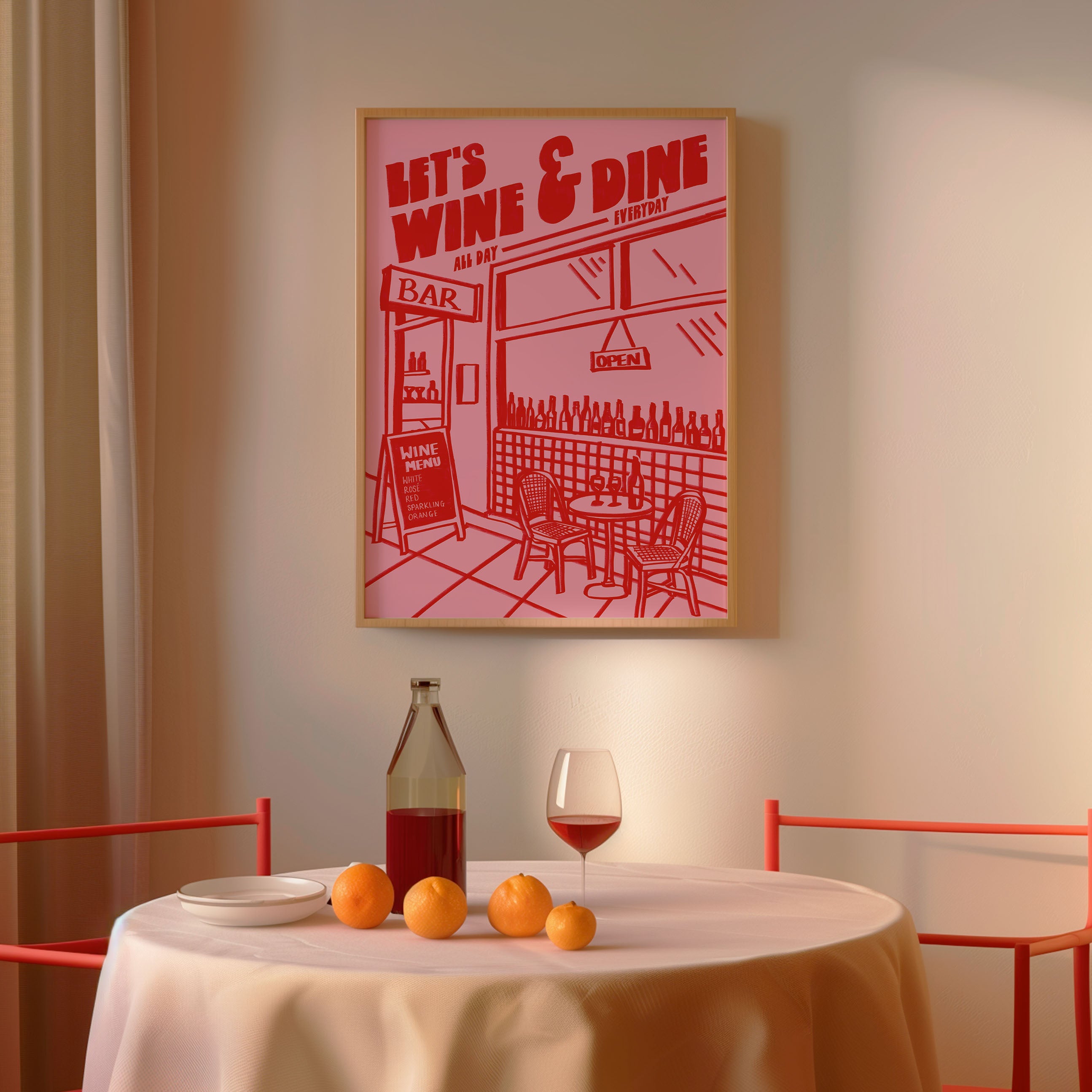 Wine Print | Let's Wine & Dine | Kitchen Wall Art | Retro Mid Century Restaurant Poster
