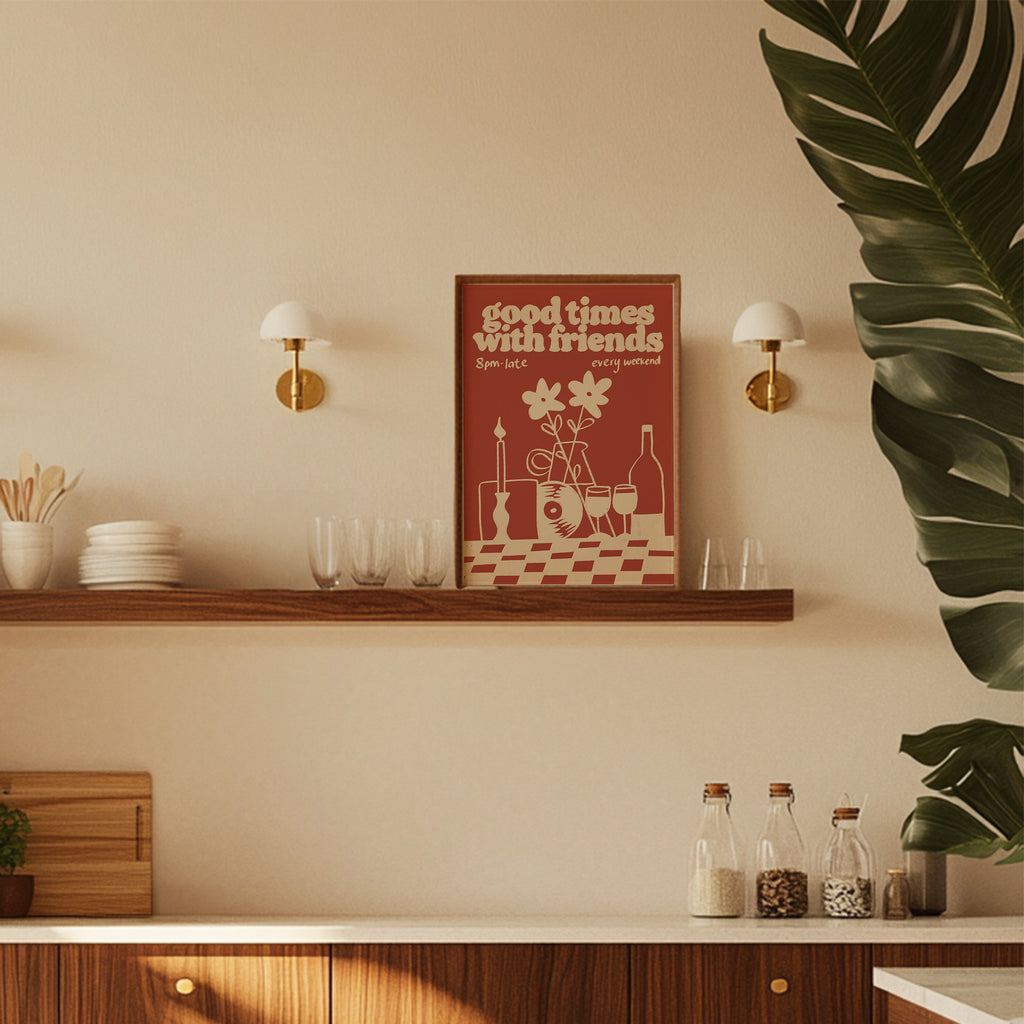 Music Print | Good Times With Friends | Retro Mid Century Wall Art | Wine & Vinyl Poster