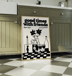 Music Print | Good Times With Friends | Retro Mid Century Wall Art | Wine & Vinyl Poster