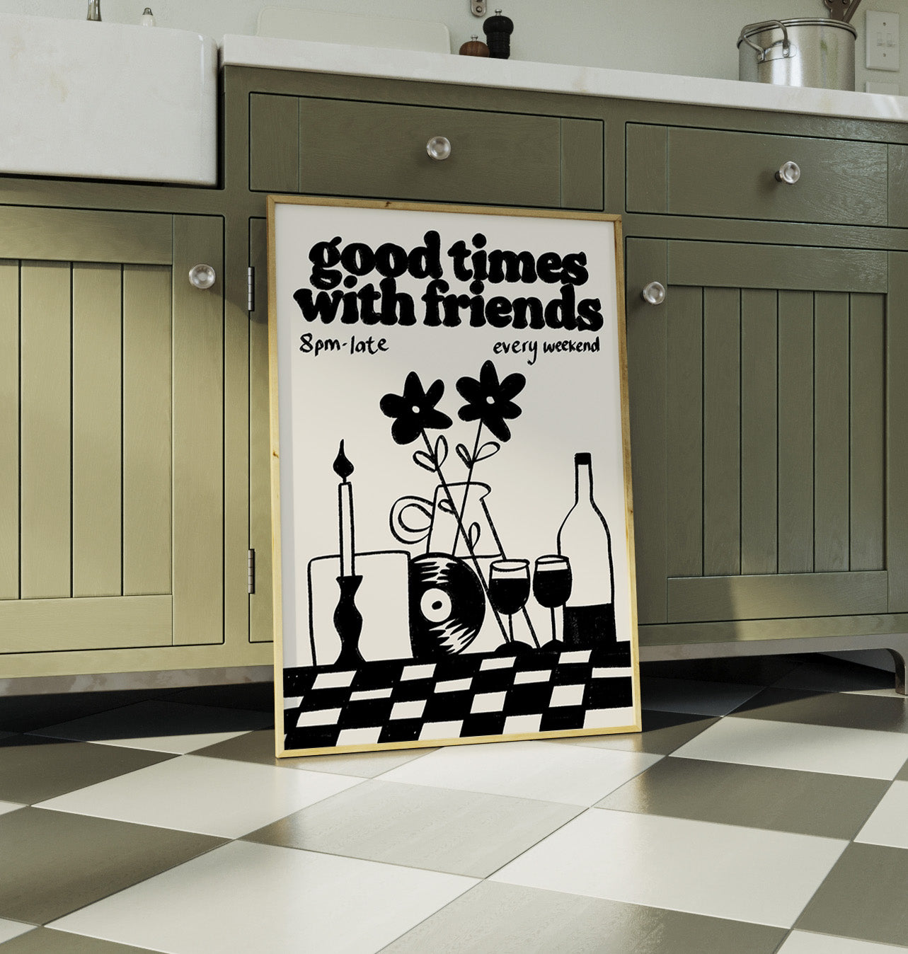 Music Print | Good Times With Friends | Retro Mid Century Wall Art | Wine & Vinyl Poster