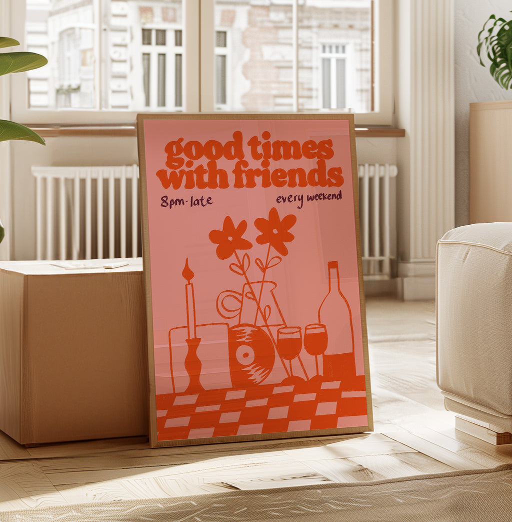 Music Print | Good Times With Friends | Retro Mid Century Wall Art | Wine & Vinyl Poster