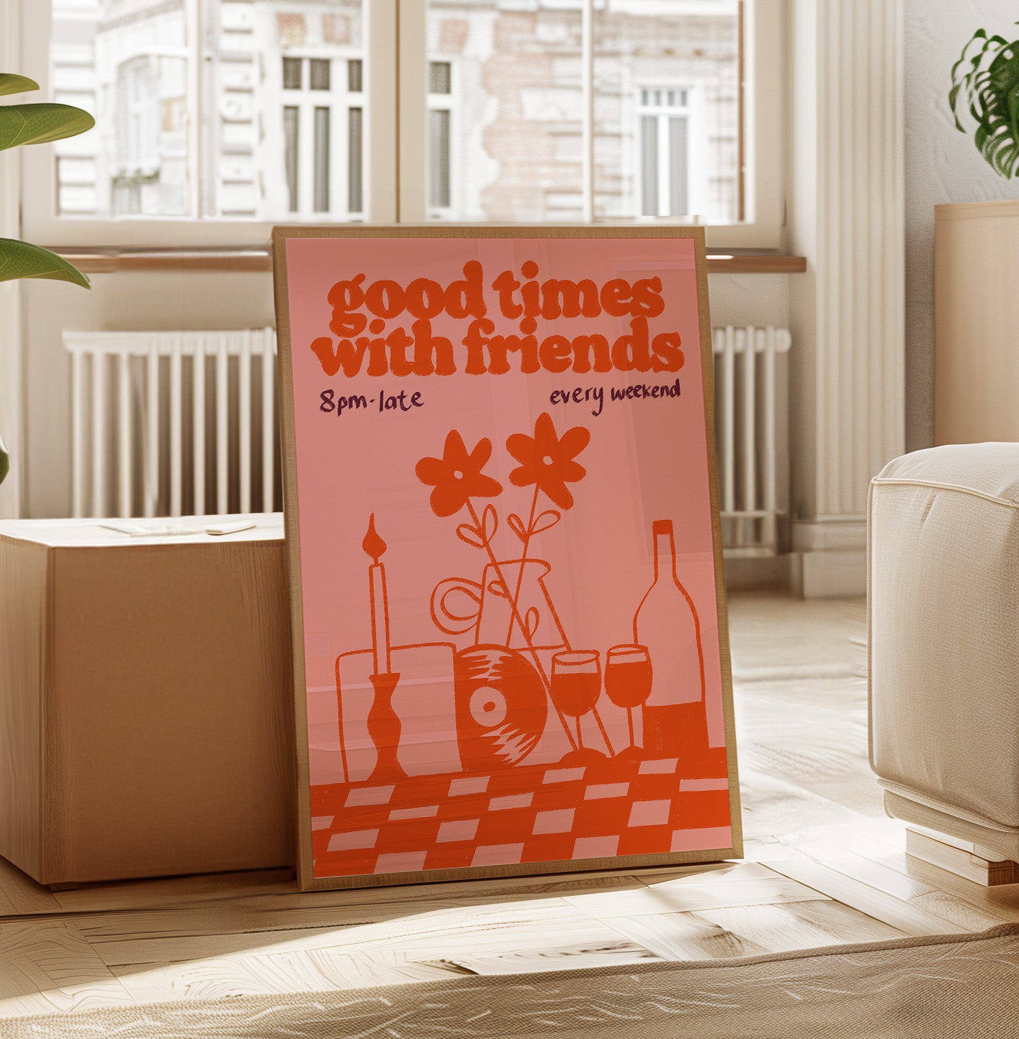 Music Print | Good Times With Friends | Retro Mid Century Wall Art | Wine & Vinyl Poster