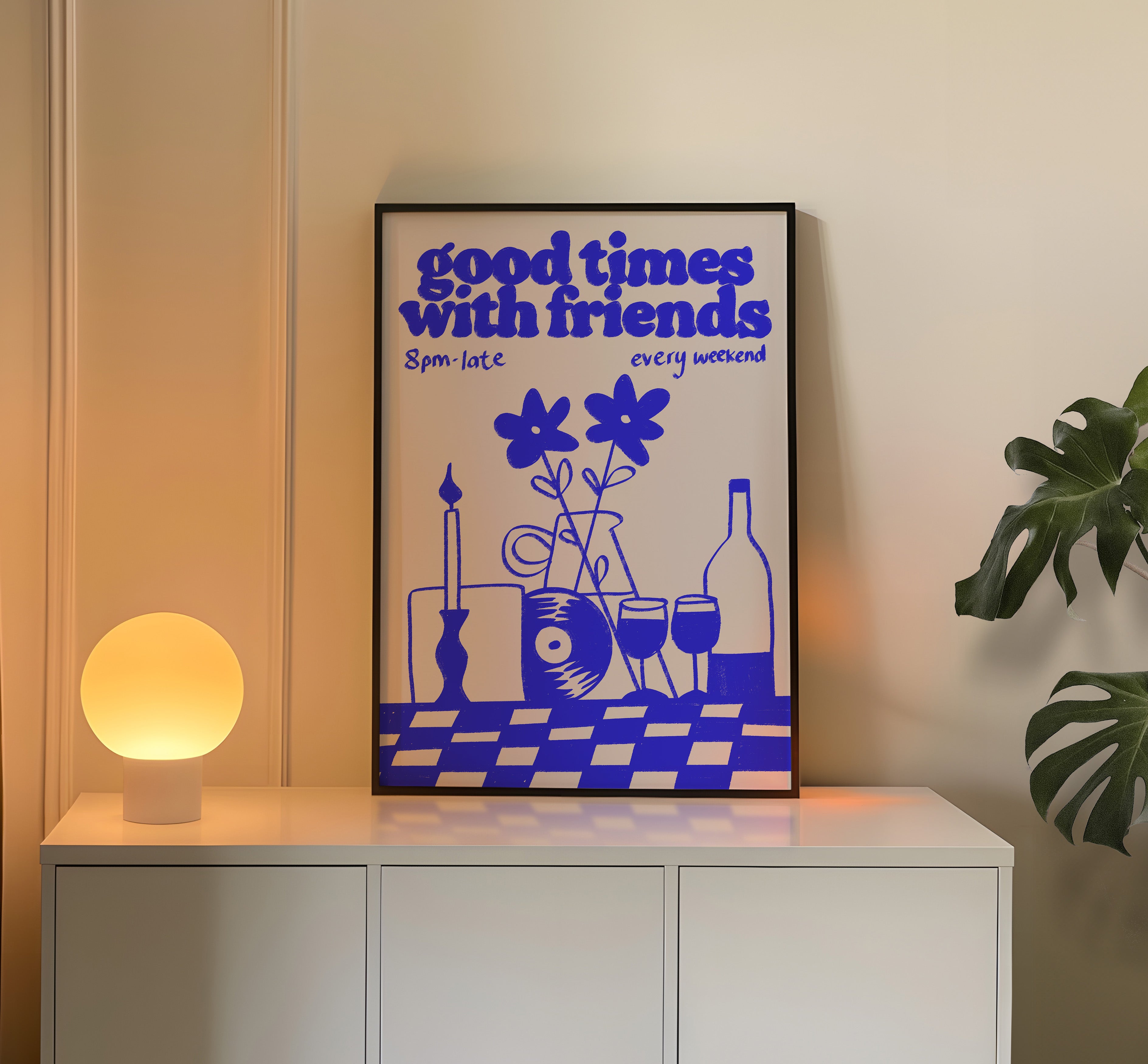 Music Print | Good Times With Friends | Retro Mid Century Wall Art | Wine & Vinyl Poster