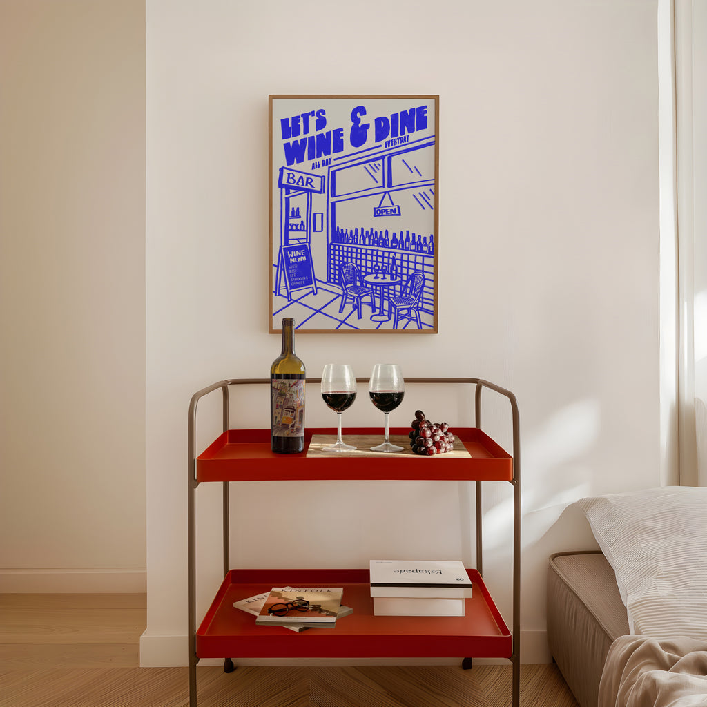 Wine Print | Let's Wine & Dine | Kitchen Wall Art | Retro Mid Century Restaurant Poster