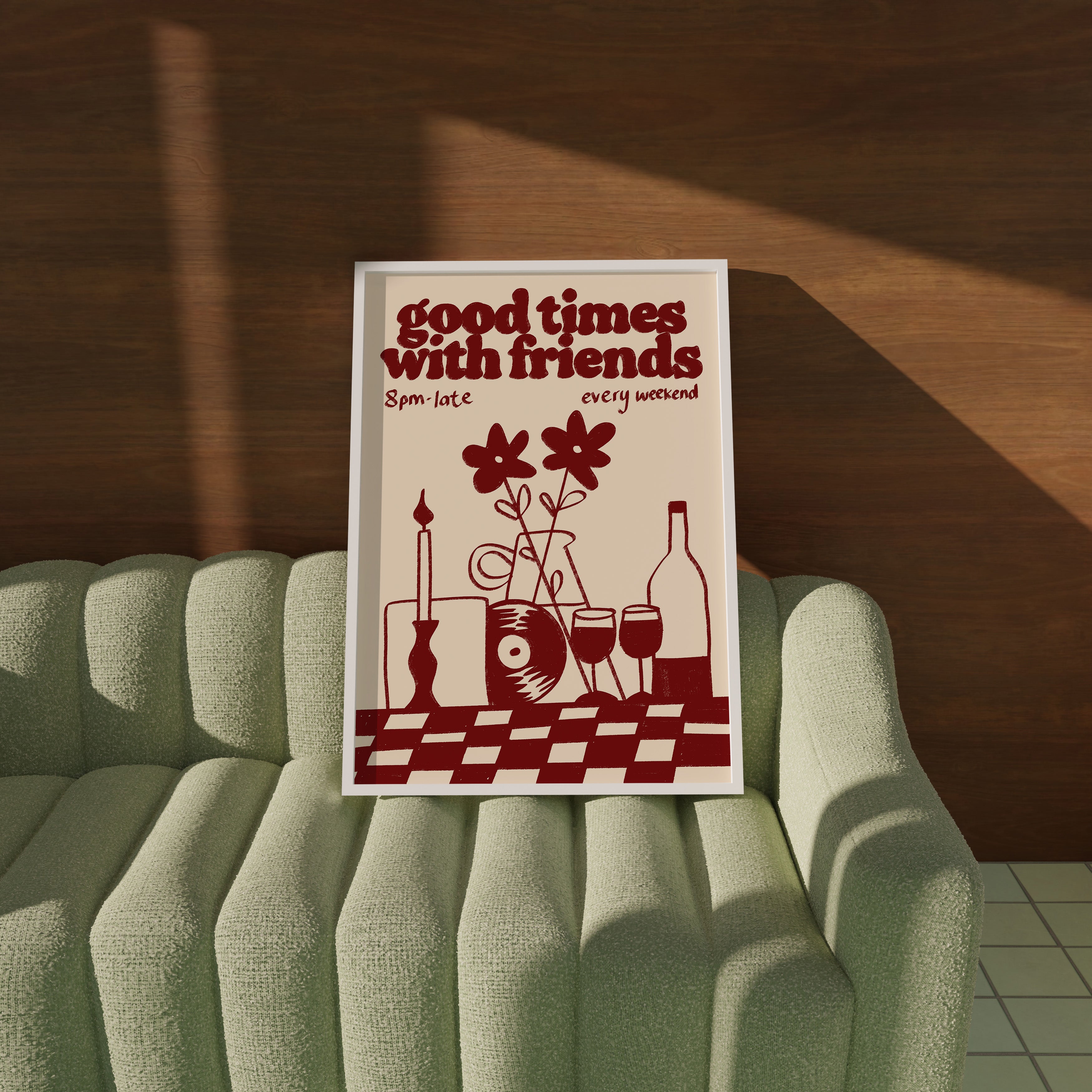 Music Print | Good Times With Friends | Retro Mid Century Wall Art | Wine & Vinyl Poster